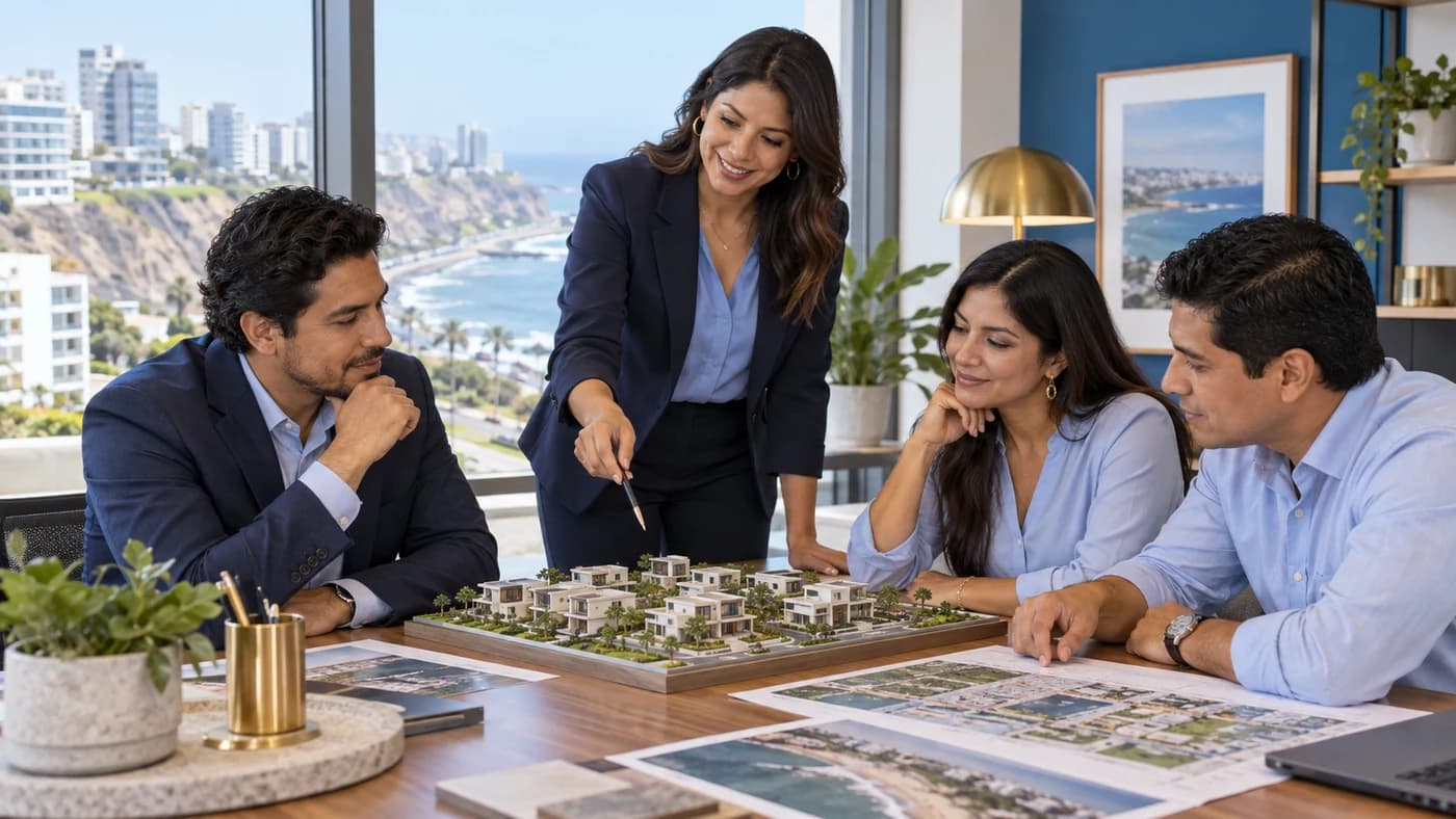 Escena ilustrativa de asesores aprendiendo y revisando un proyecto inmobiliario